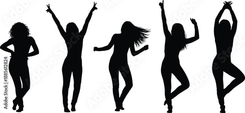 Energetic female dancing silhouettes expressing freedom and confidence, modern dance poses, dynamic body movement, celebration mood, and stylish women figures isolated on white background