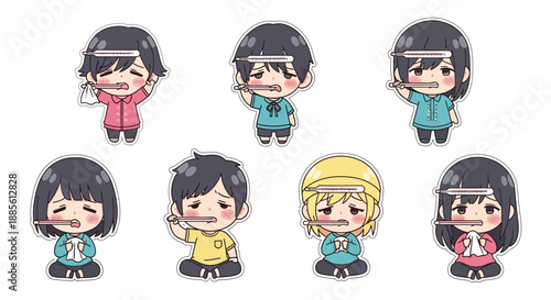 Cute cartoon characters showing flu symptoms set