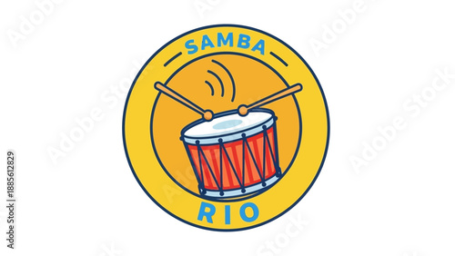 Flat design illustration of a red drum with drumsticks inside a yellow circle labeled Samba Rio on a white background.