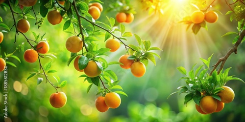 Sunlight Dapples Ripe Oranges Hanging on Lush Green Branches of a Fruit Tree in a Vibrant Orchard