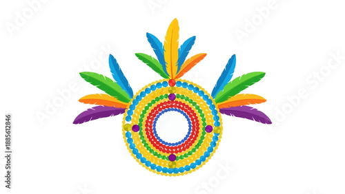 Colorful beaded dreamcatcher with feathers on a white background, flat lay from above with vibrant hues and a circular design.