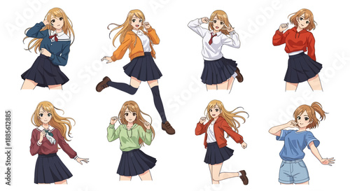 Anime schoolgirls in various poses and outfits
