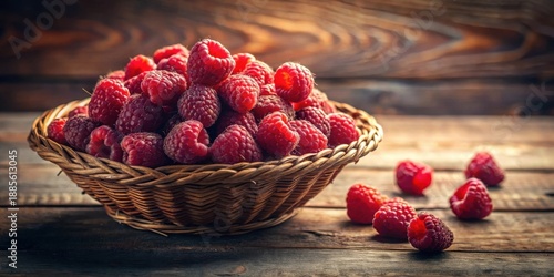 A rustic wooden table displays a wicker basket brimming with freshly picked raspberries, several additional raspberries scattered nearby, bathed in warm, inviting light.