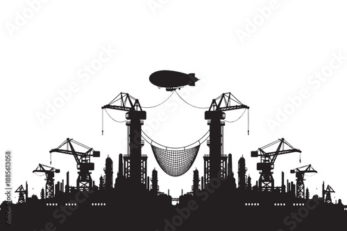A black silhouette of a city skyline with a blimp and cranes