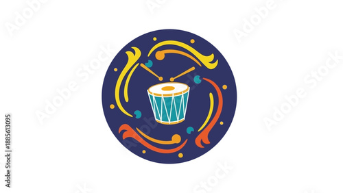A colorful illustration of a drum with swirling musical notes and swirls in a circular composition against a dark blue background.