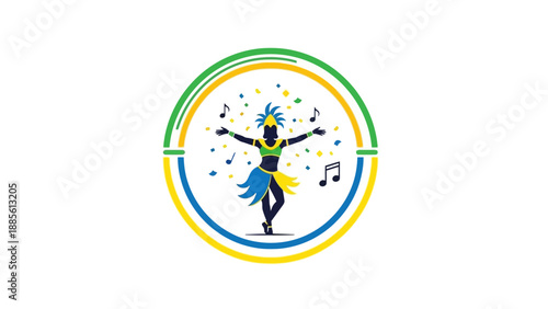 A colorful logo featuring a dancing figure surrounded by music notes and confetti within a white circle with green, blue, and yellow borders.
