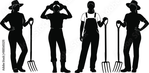 Female Farmer Silhouettes with Pitchfork Showing Agricultural Work Rural Lifestyle and Farming Professions Isolated on White Background Vector Illustration