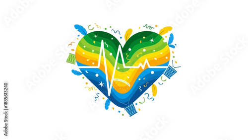 Colorful heart-shaped logo with a stylized ECG line, surrounded by abstract shapes and splatters on a white background.