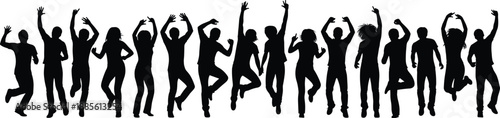Energetic group of people silhouettes dancing and jumping together, lively celebration illustration in black vector style representing joy, freedom, youth culture, unity, and positive lifestyle energy