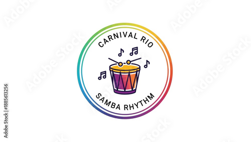 Flat lay of colorful Carnival Rio Samba Rhythm logo on white background with musical notes and drum icon.