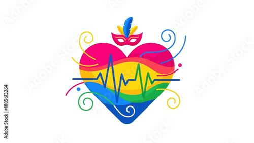 Vibrant heart-shaped logo with a stylized ECG line and colorful swirls on a white background, incorporating a Mardi Gras mask.