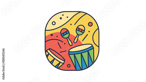 Colorful illustration of musical instruments including a drum and maracas against a vibrant background with a playful mood.
