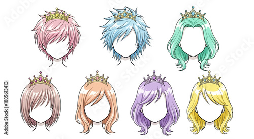 Vibrant cartoon princess heads with colorful hair and crowns