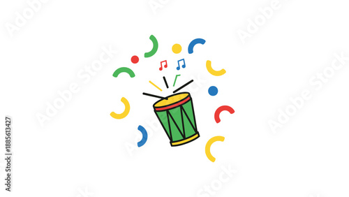 A colorful cartoon drum surrounded by swirling musical notes and confetti on a white background with a joyful and celebratory mood.