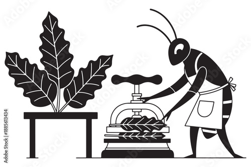 An insect in an apron pressing leaves in a vintage press next to a plant on a table