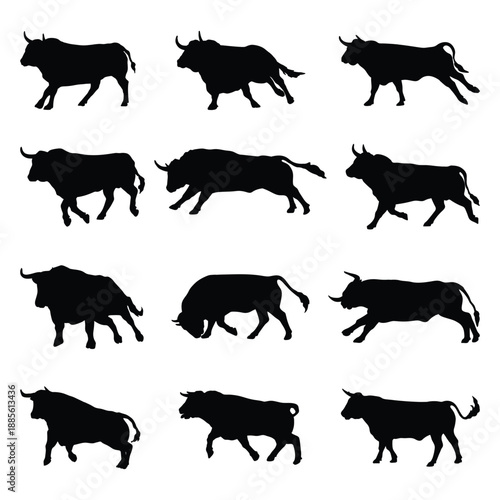 Set of Bull Silhouettes in Various Poses collection