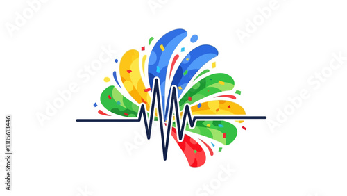Vibrant abstract logo featuring a stylized heartbeat line with colorful brushstrokes and dots on a white background.