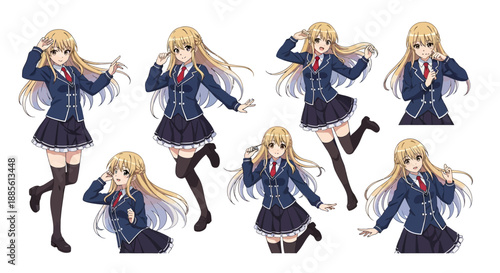 Anime schoolgirl in various poses with playful expressions