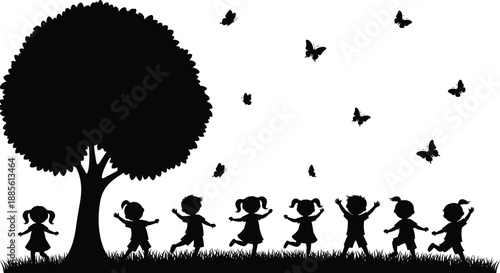 Happy children silhouettes playing under a tree with butterflies, joyful childhood nature scene, black vector illustration representing freedom, innocence, imagination, and outdoor play concepts