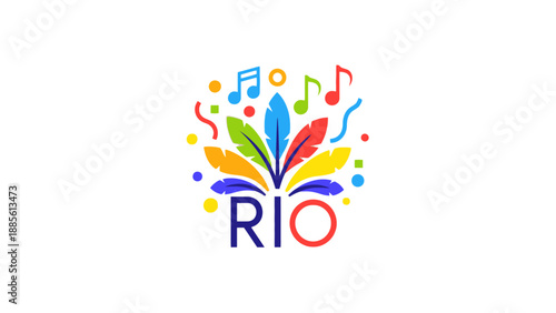 Vibrant logo for RIO with colorful musical notes and confetti on a white background, conveying a festive mood with a mix of blue, red, yellow, green, and orange hues.