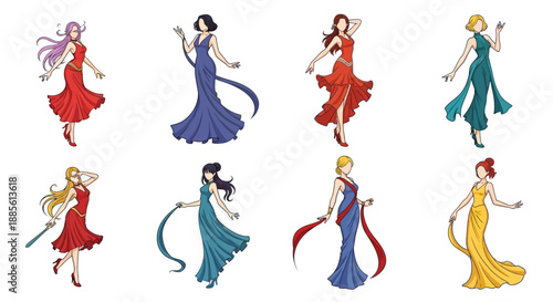 Elegant cartoon women in vibrant evening gowns dancing dynamically