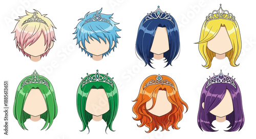 Cartoon princess heads with colorful hair and tiaras