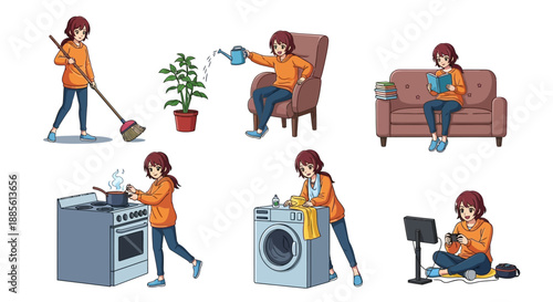 Young woman enjoying daily life with household chores and leisure activities