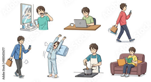 Cartoon boy daily life activities with various emotions and tasks