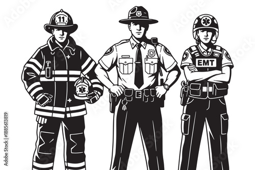 Three emergency responders, a firefighter, police officer, and EMT, standing together in uniform.