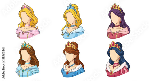 Six elegant princesses with different hair colors and royal attire