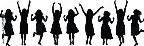 Joyful female dancing silhouettes jumping with raised arms, energetic celebration poses, freedom expression, modern dance movement, and happy women figures isolated on white background