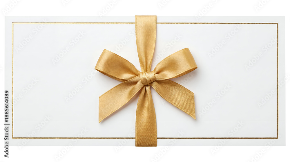 Fototapeta premium White Gift Card with Gold Ribbon and Bow Isolated on Transparent Background for Christmas and Birthday
