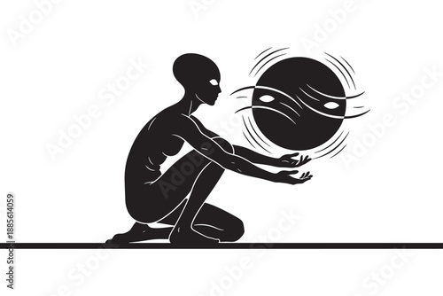 A black silhouette of a person pushing a large sphere with motion lines on a white background