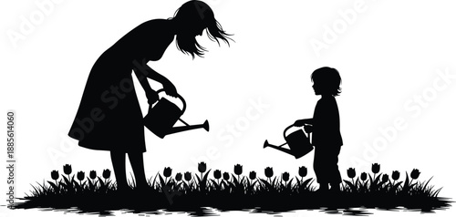 Mother and child silhouettes watering flowers together in garden, tender family bonding scene, black vector illustration symbolizing love, care, nature, childhood learning, and parenting moments