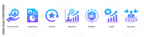 Trust and Transparency web banner icon vector illustration featuring Trustworthiness, Transparency, Recovery, Reputation, Reliability, Loyalty, and Reputation.