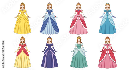 Eight elegant princess illustrations in colorful gowns and tiaras
