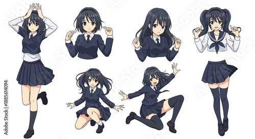 Young schoolgirl in various dynamic anime poses