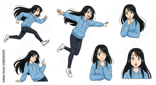 Young woman expressing various emotions in different poses