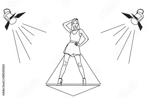 A confident woman posing under bright stage lights in a spotlight