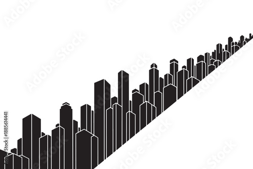 A black and white illustration of a city skyline with sleek skyscrapers rising upwards
