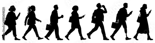 Black and white silhouette illustration of diverse business people walking in a line, showing professionals in motion with briefcases, phones, and casual actions on transparent background.