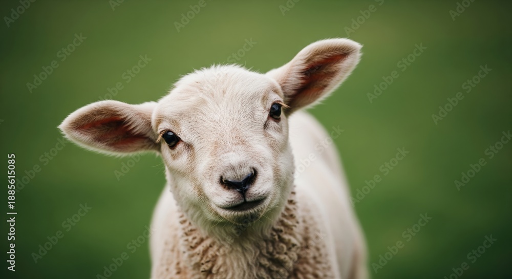 Obraz premium Cute Young Lamb Standing on Green Grass with Soft Focus Background in Natural Setting