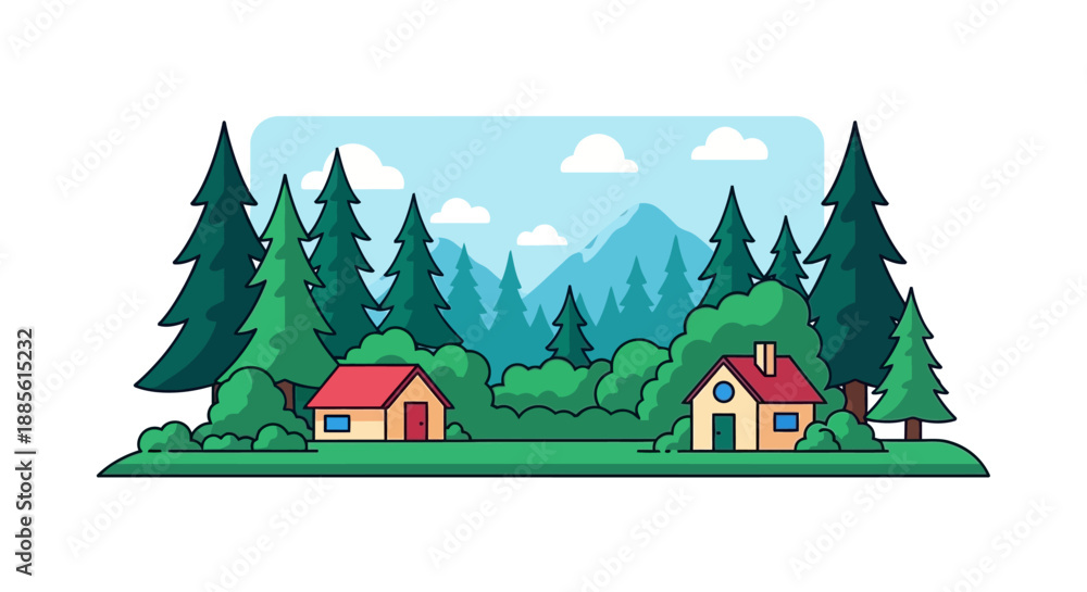 Obraz premium Cottages in Forest Landscape.