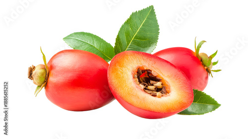 fresh organic rosehip cut in half sliced ​​with leaves on white background, PNG