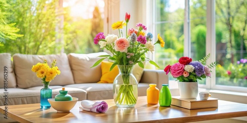 Wallpaper Mural Vibrant floral arrangements grace a sunlit living room coffee table, creating a serene and inviting atmosphere. Torontodigital.ca