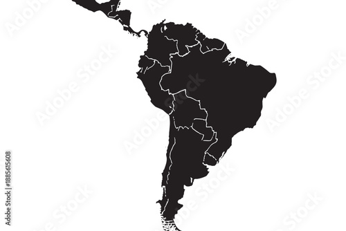 A black silhouette map of South America on a white background