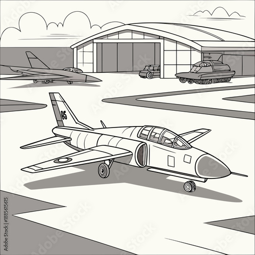 Military jet on tarmac with hangar and vehicles airplane