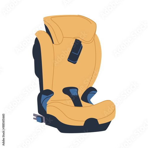 Modern child car seat with harness and side protection, designed for vehicle safety and comfort, shown in yellow and black, isolated on white background vector illustration