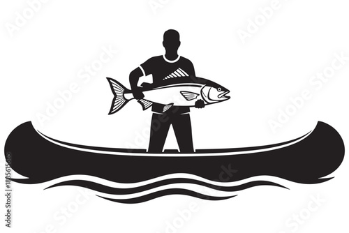 A man in a canoe holding a large fish in a black and white illustration
