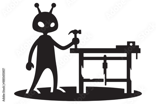 A cartoon alien is working with a hammer at a workbench in a workshop.